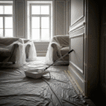 A room prepared for painting with plastic sheets covering the floor and furniture. A paint roller rests in a tray, and sunlight streams through large windows in the background.