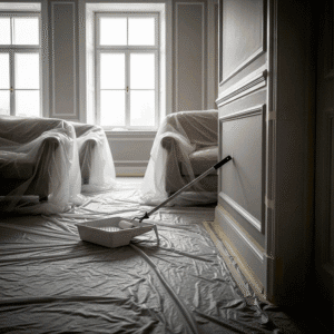 A room prepared for painting with plastic sheets covering the floor and furniture. A paint roller rests in a tray, and sunlight streams through large windows in the background.