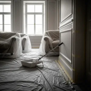 A room prepared for painting with plastic sheets covering the floor and furniture. A paint roller rests in a tray, and sunlight streams through large windows in the background.