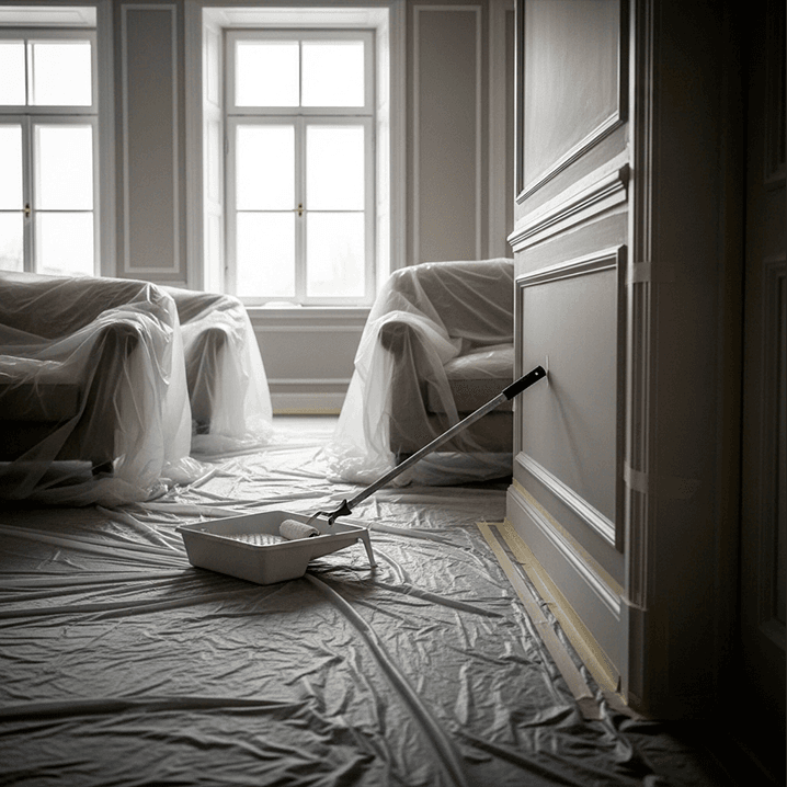 A room prepared for painting with plastic sheets covering the floor and furniture. A paint roller rests in a tray, and sunlight streams through large windows in the background.