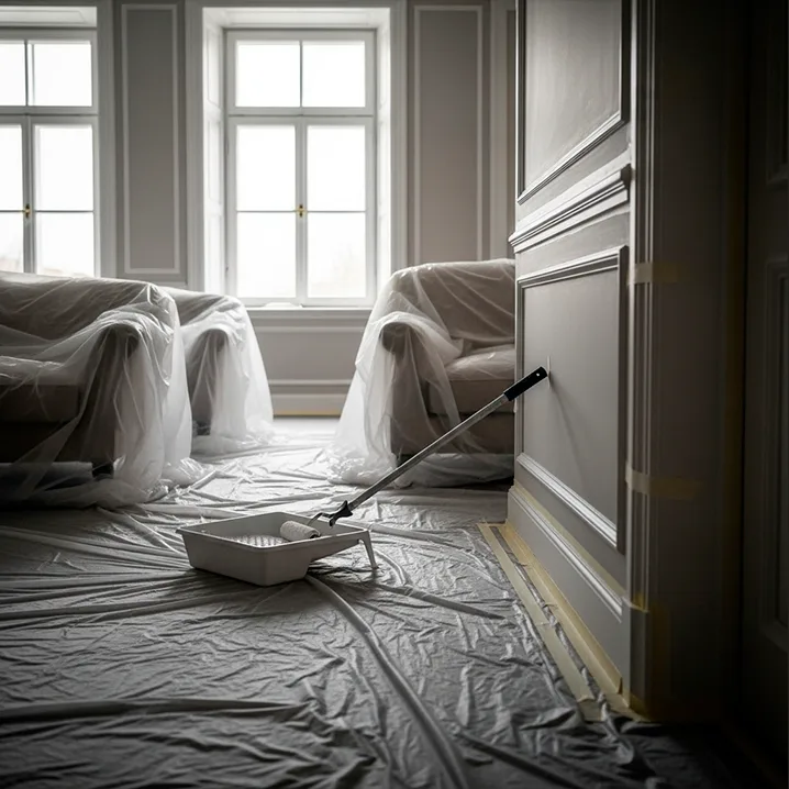 A room prepared for painting with plastic sheets covering the floor and furniture. A paint roller rests in a tray, and sunlight streams through large windows in the background.