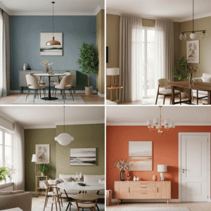 A collage of four modern dining and living rooms, each with different wall colors: blue, beige, green, and orange. Each room features contemporary furniture, art, and natural light from large windows.