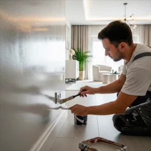 A man kneels on the floor, carefully painting a light-colored wall with a brush near an electrical outlet in a modern living room. A paint can and tray are nearby. The room has large windows and a potted plant.