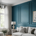 Elegant living room with a blue paneled accent wall, light gray sofa with matching pillows, round side table with a lamp, white curtains, window, framed artwork, and a vase of white flowers on a small table.