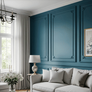 Elegant living room with a blue paneled accent wall, light gray sofa with matching pillows, round side table with a lamp, white curtains, window, framed artwork, and a vase of white flowers on a small table.