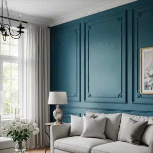 Elegant living room with a blue paneled accent wall, light gray sofa with matching pillows, round side table with a lamp, white curtains, window, framed artwork, and a vase of white flowers on a small table.