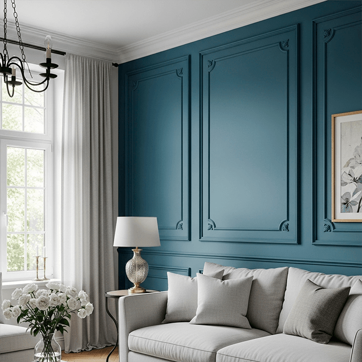 Elegant living room with a blue paneled accent wall, light gray sofa with matching pillows, round side table with a lamp, white curtains, window, framed artwork, and a vase of white flowers on a small table.