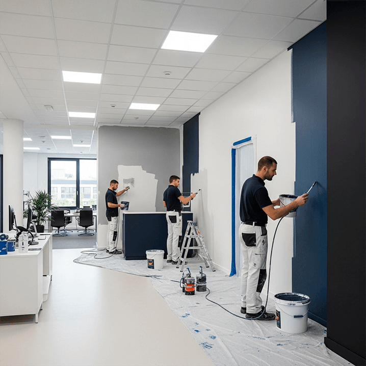 Three painters in uniform are painting the walls of a modern office space. The floor is covered with protective sheets, and painting supplies are scattered around. The office has white walls, large windows, and ceiling lights.