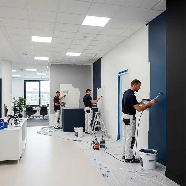 Three painters in uniform are painting the walls of a modern office space. The floor is covered with protective sheets, and painting supplies are scattered around. The office has white walls, large windows, and ceiling lights.