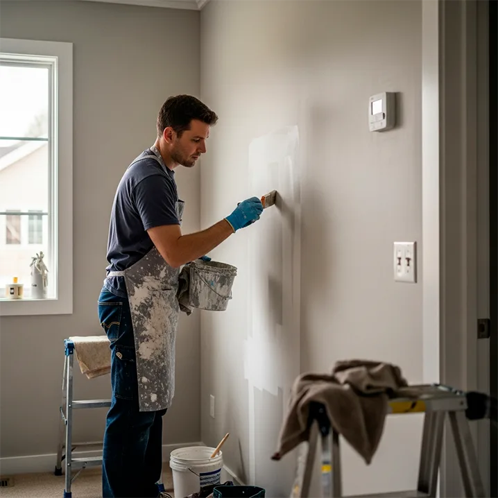 A man wearing gloves and an apron paints a light color on a wall inside a home. He uses a paintbrush near a window, with painting supplies and a stepladder nearby. Daylight streams in through the window.