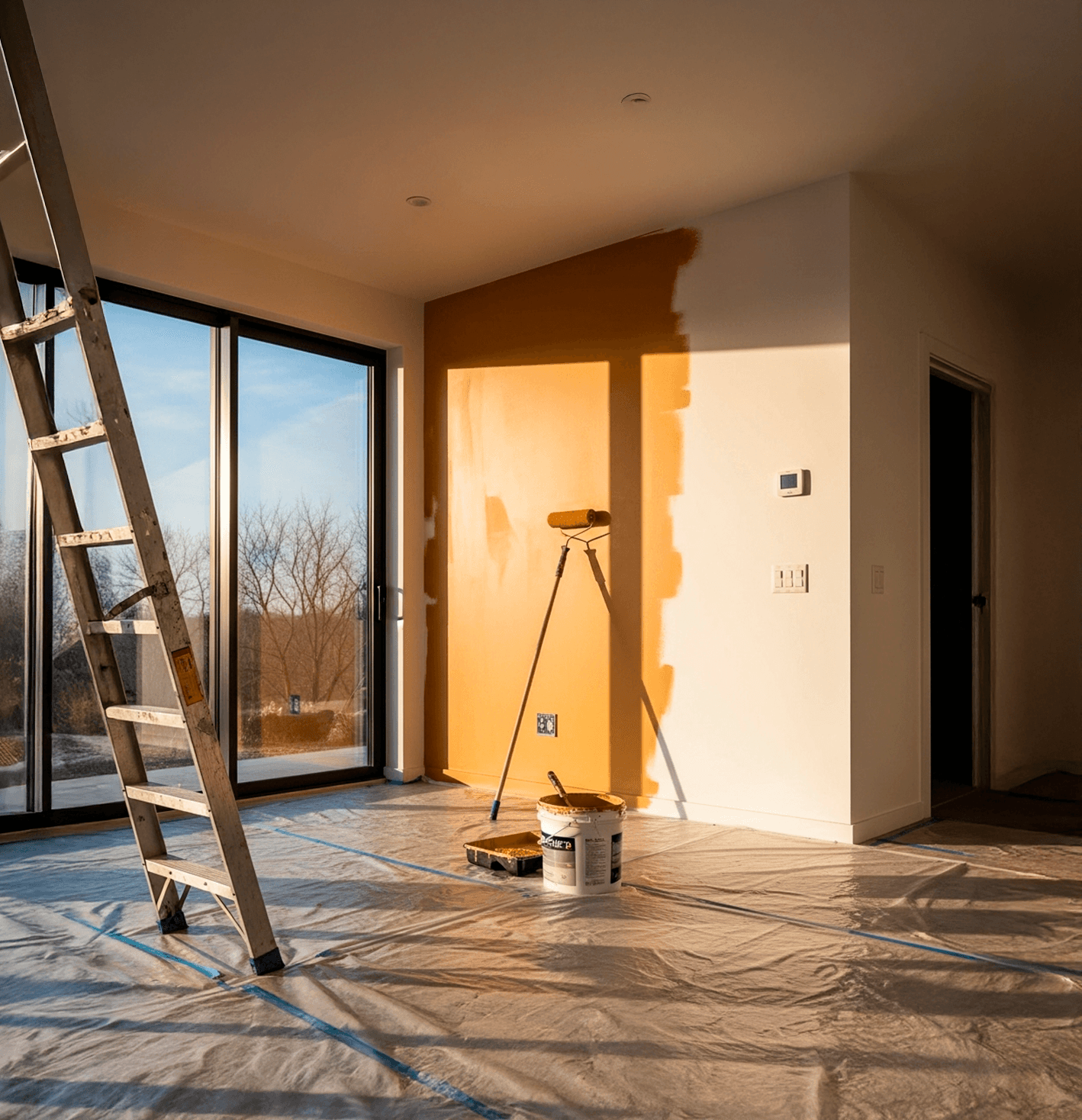A sunlit room with large windows, a partially painted yellow wall, paint roller on a pole, open paint can, drop cloth on the floor, and a ladder beside the work area—perfect inspiration for top-notch painting services Florida offers.