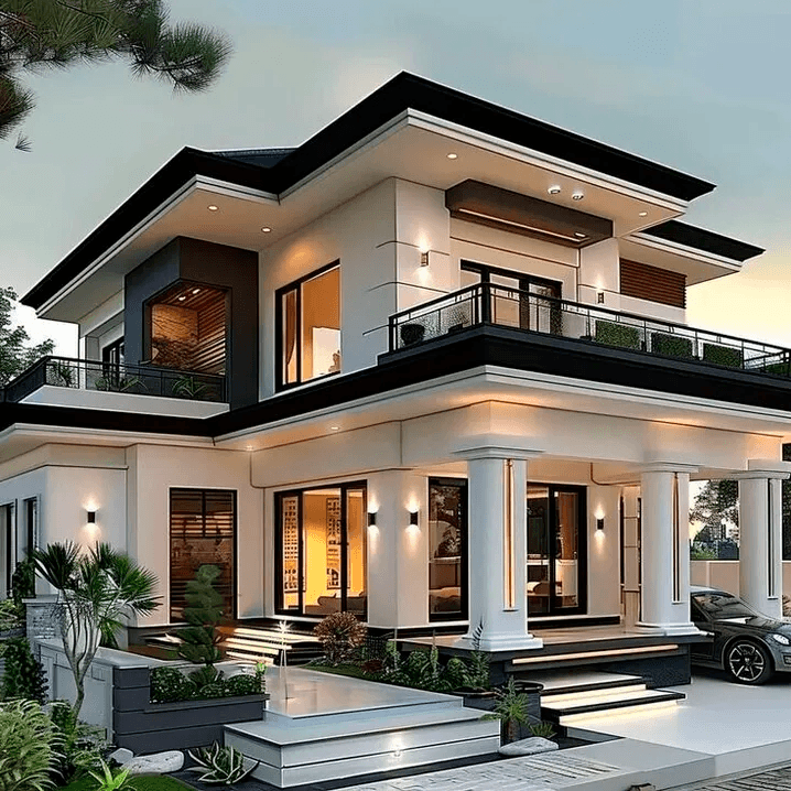 Modern two-story house with large windows, black and white exterior finished by expert painting services Florida, multiple balconies, pillars at the entrance, landscaped plants, and outdoor lighting at dusk.