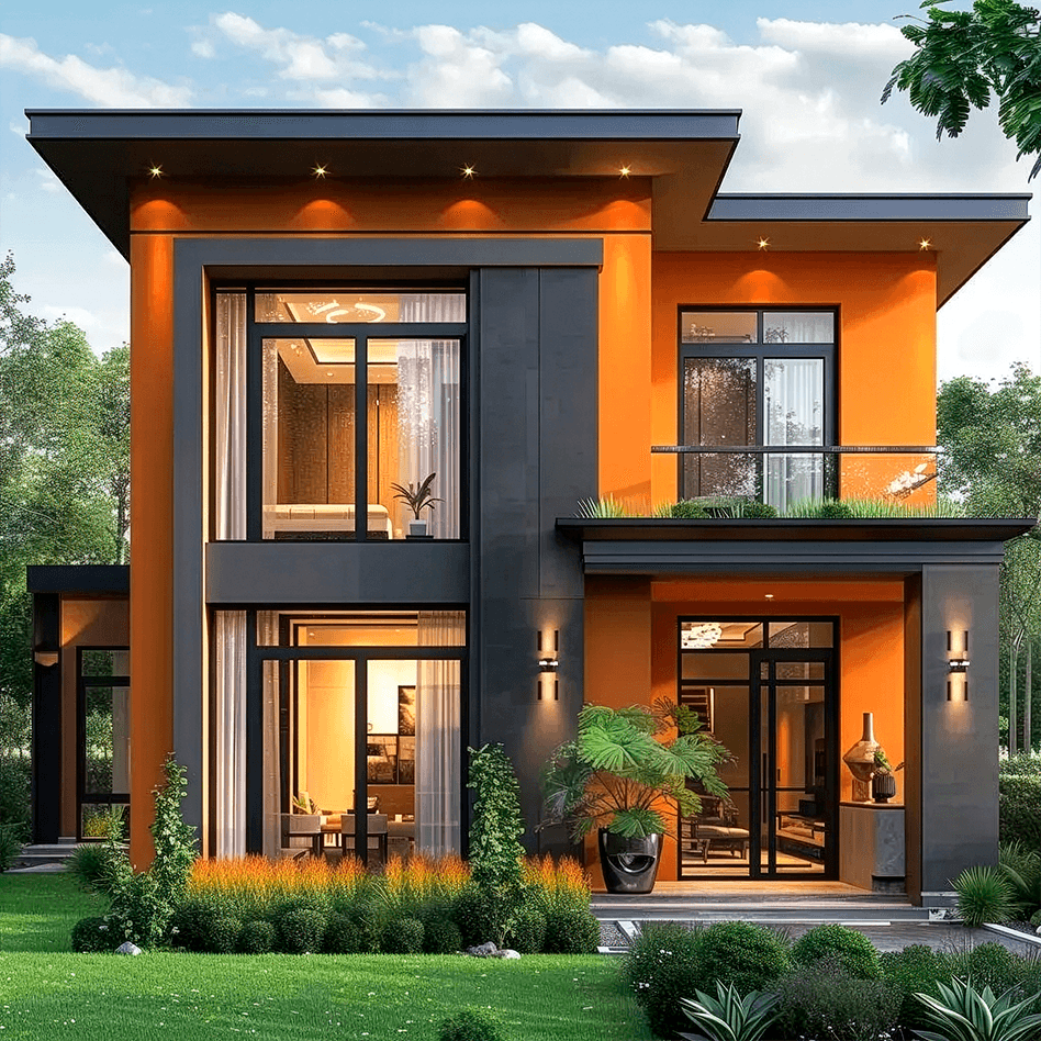 A modern two-story house with orange and dark gray exterior, large windows, balconies, and landscaped garden featuring fresh residential painting Orlando under a partly cloudy sky.