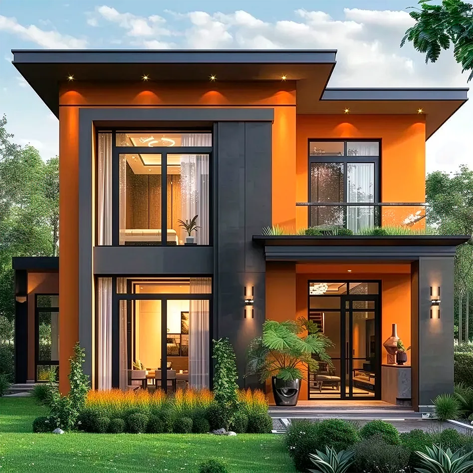 A modern two-story house with orange and dark gray exterior, large windows, balconies, and landscaped garden featuring fresh residential painting Orlando under a partly cloudy sky.